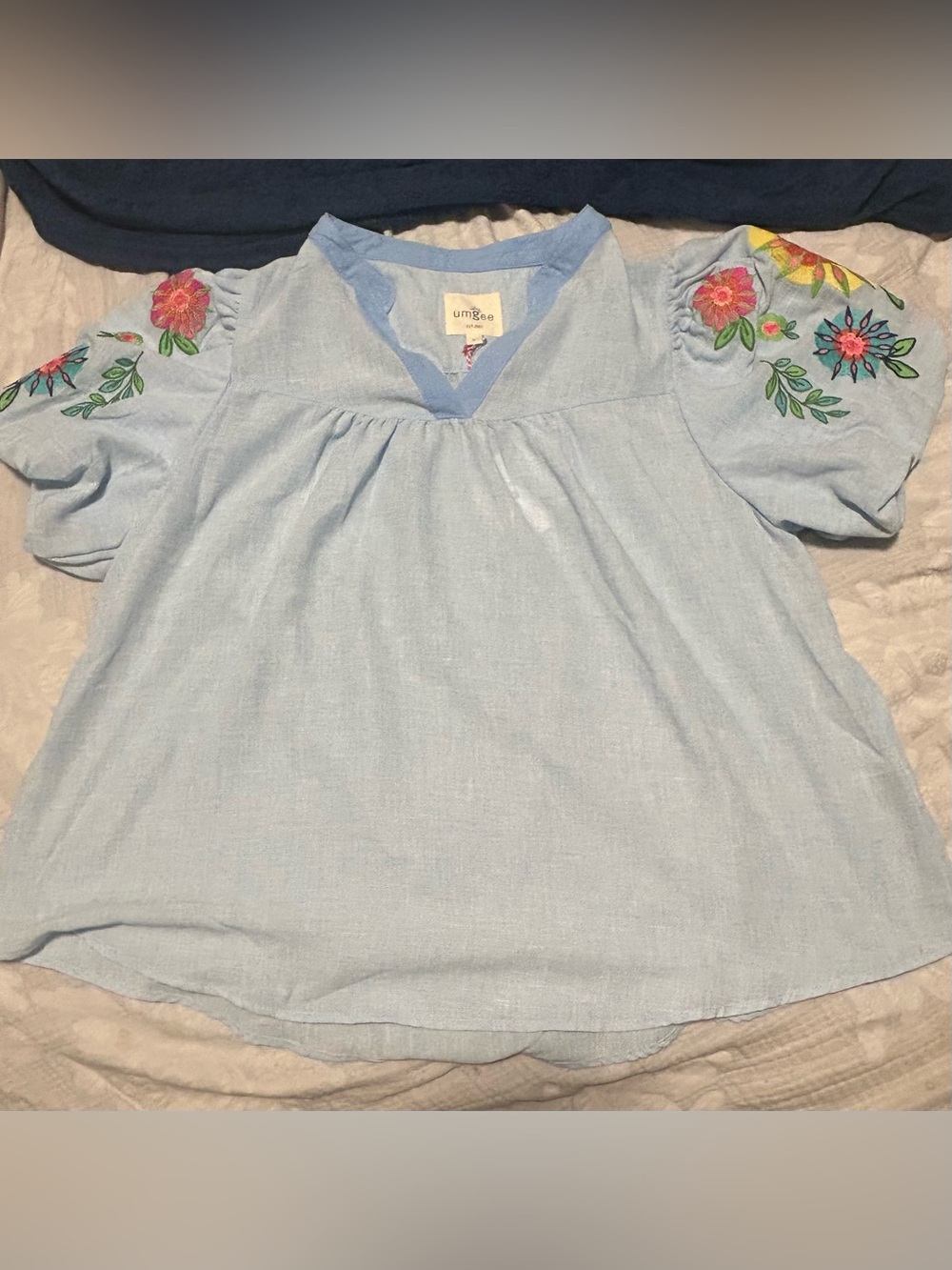 Umgee Light Blue Puff-Sleeve Top with Colorful Floral Embroidery